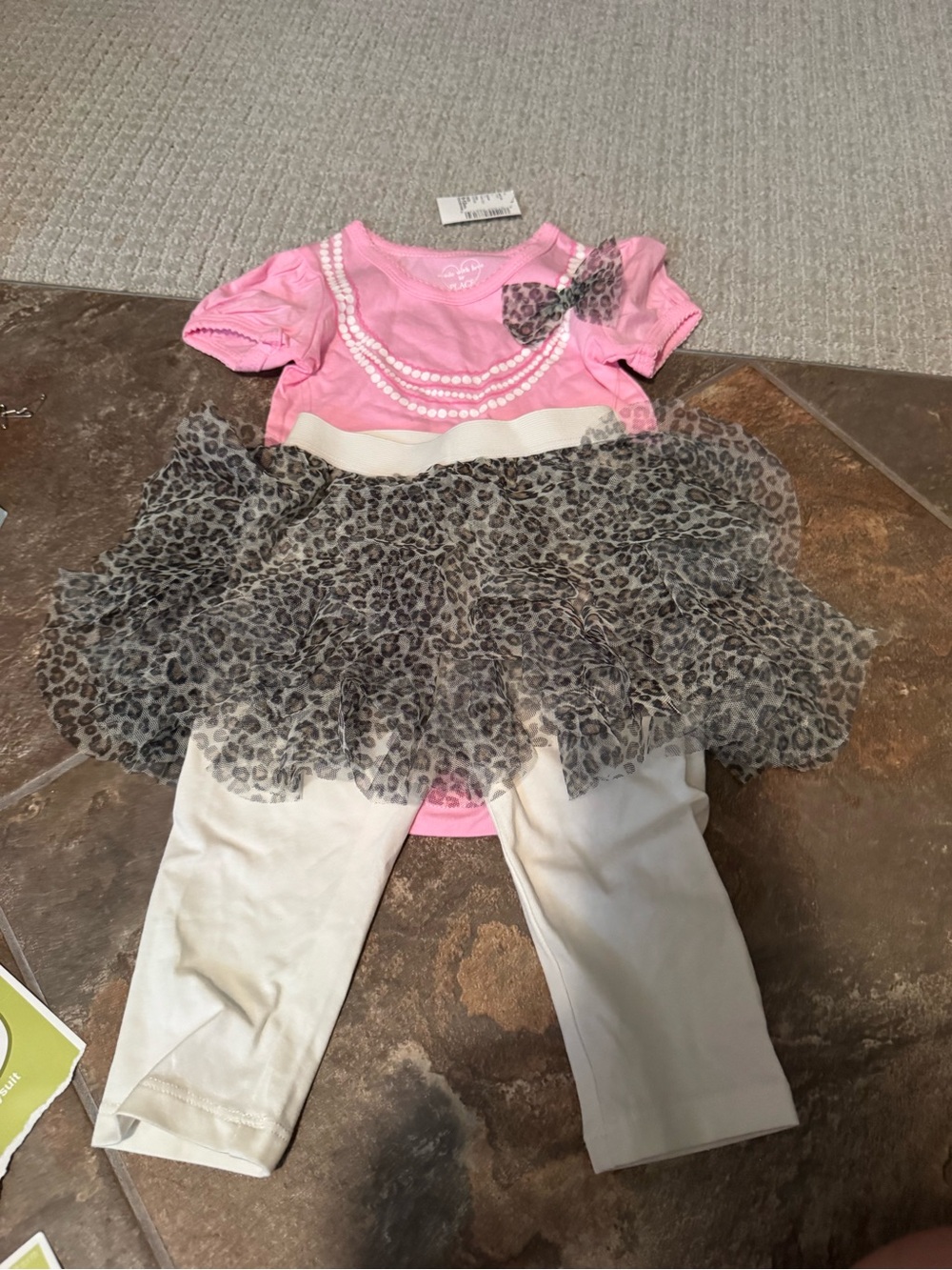NWT 9-12 mth Pink Pearl-Print Top with Leopard Skirt connected to cream leggings